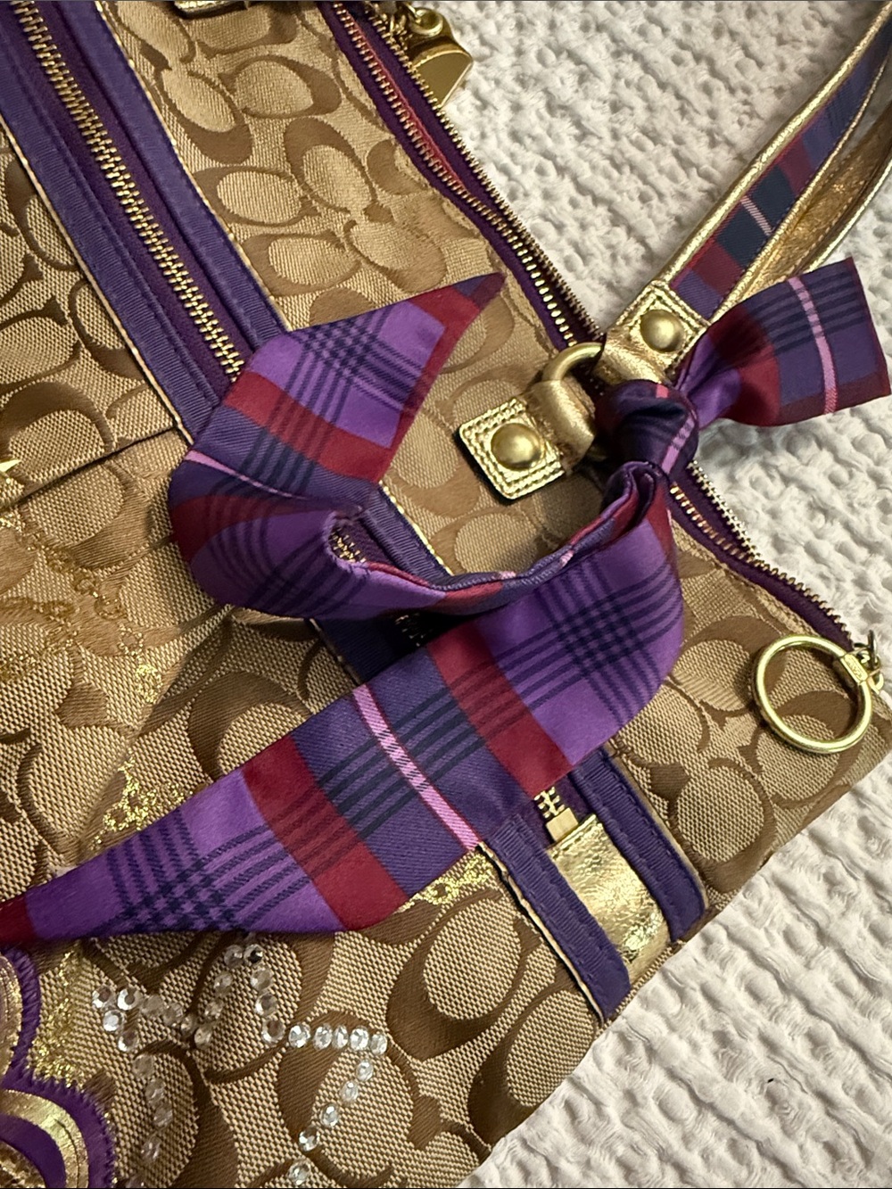 Coach Poppy Tartan Plaid Appliqué Glam Tote - Picture 8 of 16